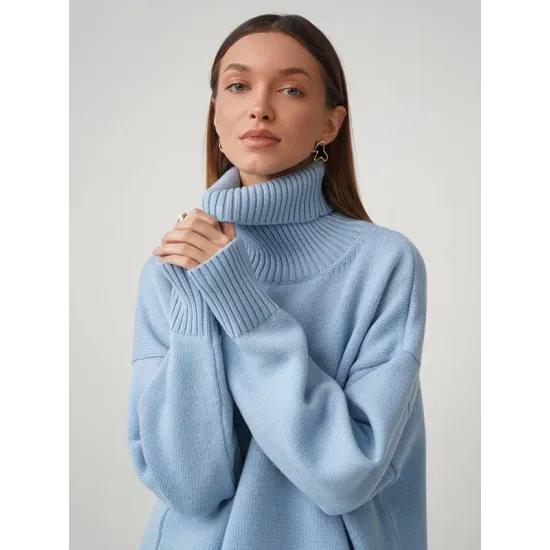 Casual Long Sleeves Loose Solid Color High-Neck Sweater Tops Casual Long Sleeves Loose Solid Color High-Neck Sweater Tops