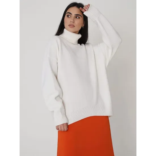 Casual Long Sleeves Loose Solid Color High-Neck Sweater Tops Casual Long Sleeves Loose Solid Color High-Neck Sweater Tops