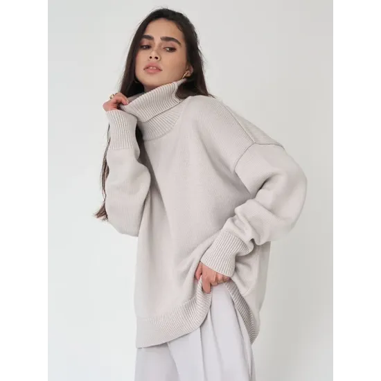 Casual Long Sleeves Loose Solid Color High-Neck Sweater Tops Casual Long Sleeves Loose Solid Color High-Neck Sweater Tops