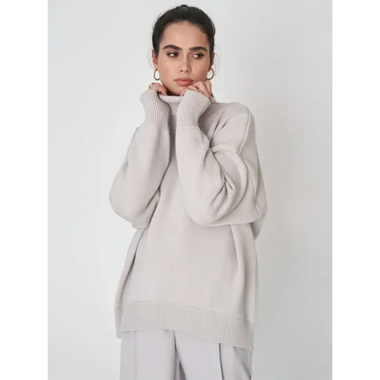 Casual Long Sleeves Loose Solid Color High-Neck Sweater Tops Casual Long Sleeves Loose Solid Color High-Neck Sweater Tops