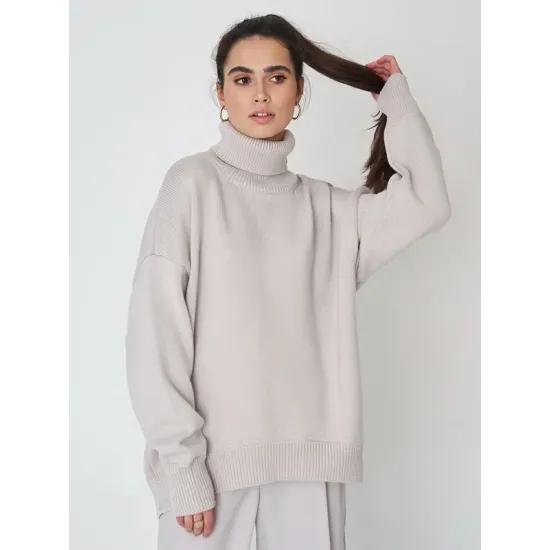 Casual Long Sleeves Loose Solid Color High-Neck Sweater Tops Casual Long Sleeves Loose Solid Color High-Neck Sweater Tops