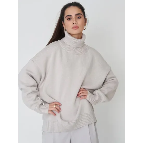 Casual Long Sleeves Loose Solid Color High-Neck Sweater Tops Casual Long Sleeves Loose Solid Color High-Neck Sweater Tops