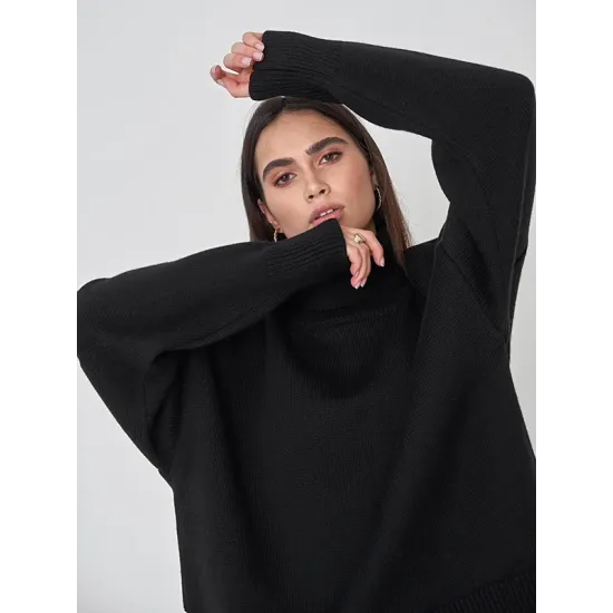 Casual Long Sleeves Loose Solid Color High-Neck Sweater Tops Casual Long Sleeves Loose Solid Color High-Neck Sweater Tops