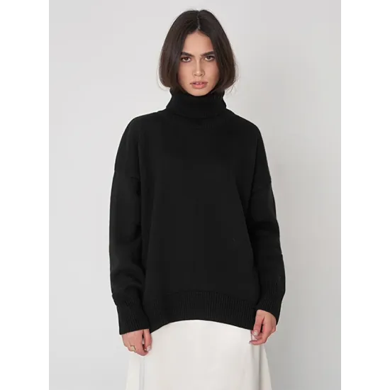 Casual Long Sleeves Loose Solid Color High-Neck Sweater Tops Casual Long Sleeves Loose Solid Color High-Neck Sweater Tops
