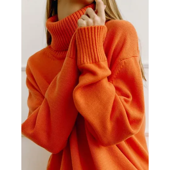 Casual Long Sleeves Loose Solid Color High-Neck Sweater Tops Casual Long Sleeves Loose Solid Color High-Neck Sweater Tops