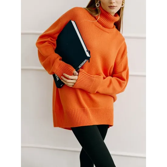Casual Long Sleeves Loose Solid Color High-Neck Sweater Tops Casual Long Sleeves Loose Solid Color High-Neck Sweater Tops