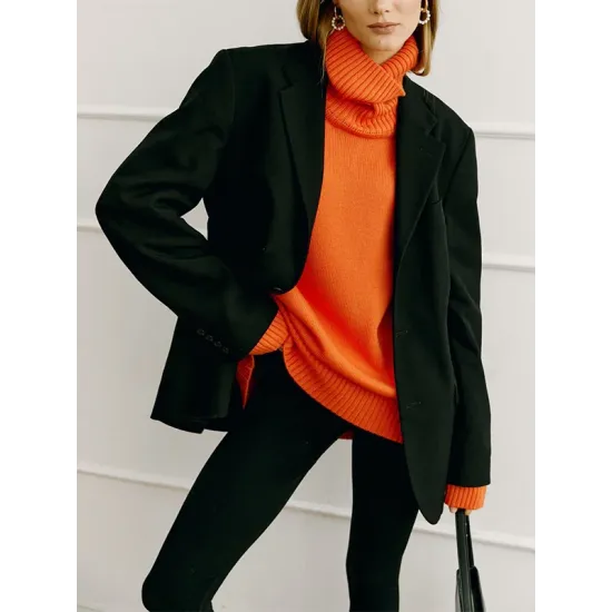 Casual Long Sleeves Loose Solid Color High-Neck Sweater Tops Casual Long Sleeves Loose Solid Color High-Neck Sweater Tops