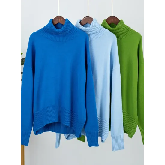 Casual Long Sleeves Loose Solid Color High-Neck Sweater Tops Casual Long Sleeves Loose Solid Color High-Neck Sweater Tops