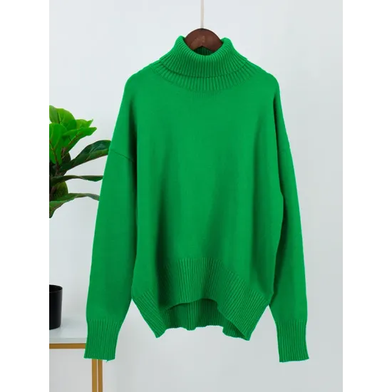 Casual Long Sleeves Loose Solid Color High-Neck Sweater Tops Casual Long Sleeves Loose Solid Color High-Neck Sweater Tops