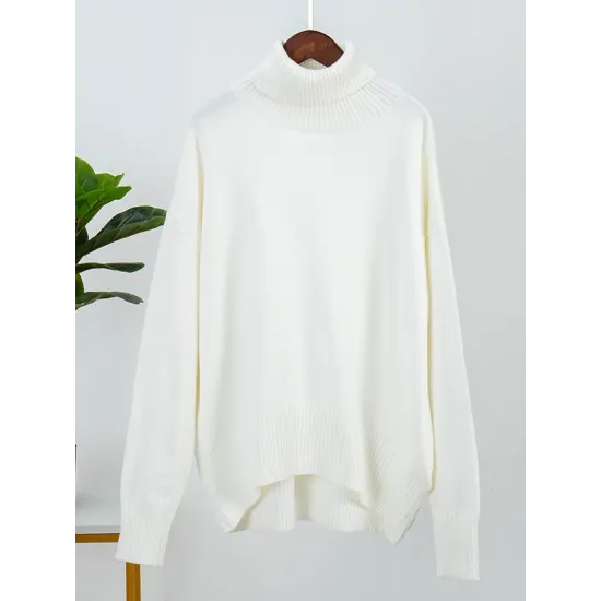 Casual Long Sleeves Loose Solid Color High-Neck Sweater Tops Casual Long Sleeves Loose Solid Color High-Neck Sweater Tops