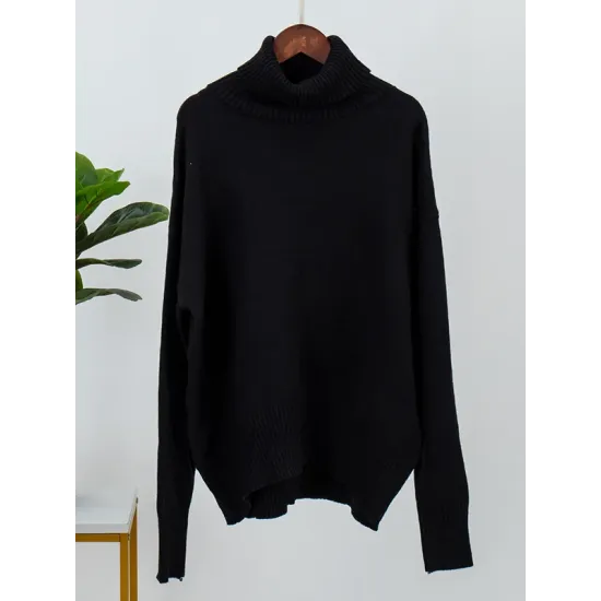 Casual Long Sleeves Loose Solid Color High-Neck Sweater Tops Casual Long Sleeves Loose Solid Color High-Neck Sweater Tops