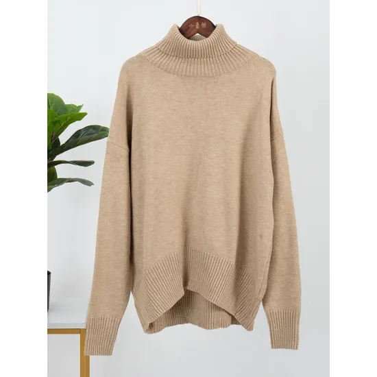 Casual Long Sleeves Loose Solid Color High-Neck Sweater Tops Casual Long Sleeves Loose Solid Color High-Neck Sweater Tops