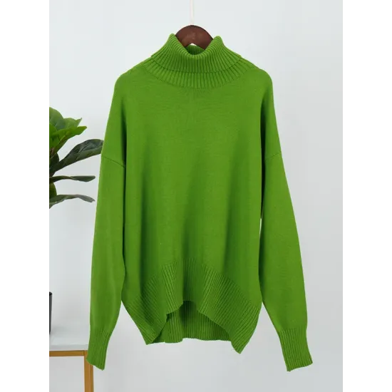 Casual Long Sleeves Loose Solid Color High-Neck Sweater Tops Casual Long Sleeves Loose Solid Color High-Neck Sweater Tops