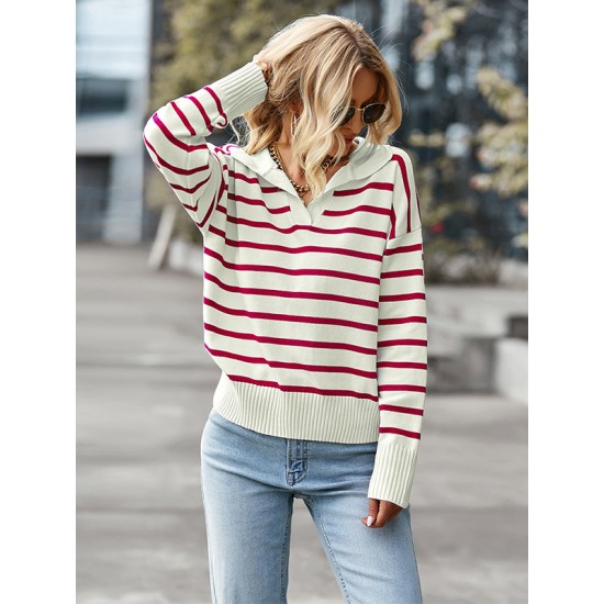 Casual Loose Striped Polo Sweater Top Casual Loose Striped Polo Sweater Top