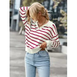 Casual Loose Striped Polo Sweater Top