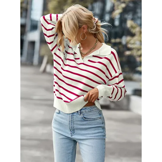 Casual Loose Striped Polo Sweater Top Casual Loose Striped Polo Sweater Top