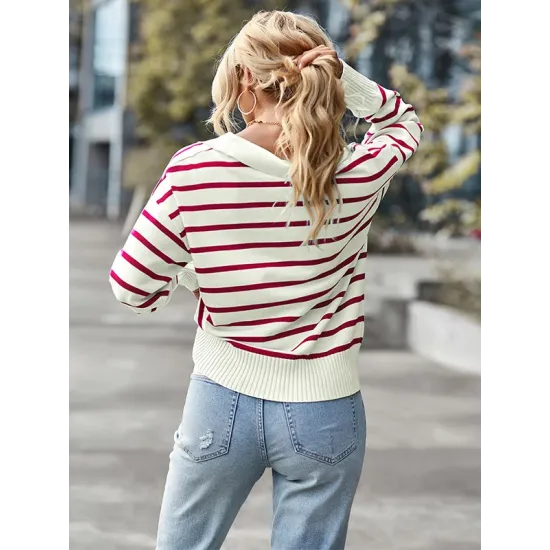 Casual Loose Striped Polo Sweater Top Casual Loose Striped Polo Sweater Top