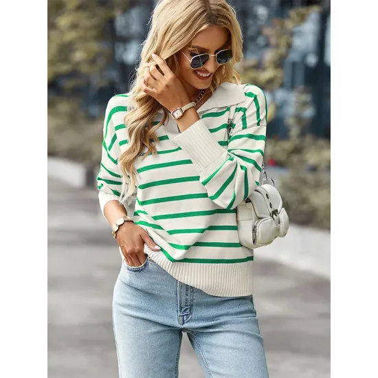 Casual Loose Striped Polo Sweater Top Casual Loose Striped Polo Sweater Top