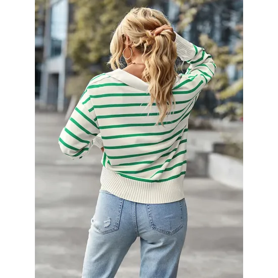 Casual Loose Striped Polo Sweater Top Casual Loose Striped Polo Sweater Top