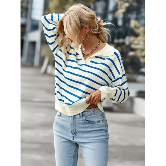 Casual Loose Striped Polo Sweater Top Casual Loose Striped Polo Sweater Top