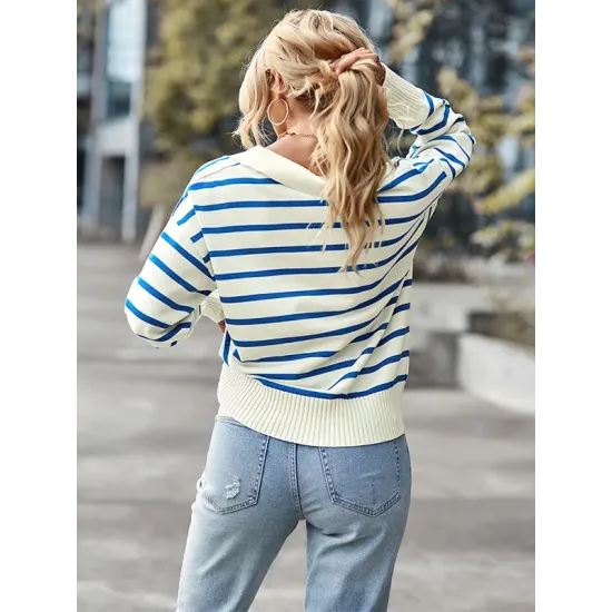 Casual Loose Striped Polo Sweater Top Casual Loose Striped Polo Sweater Top