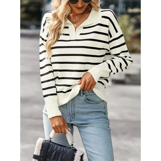 Casual Loose Striped Polo Sweater Top Casual Loose Striped Polo Sweater Top