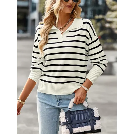 Casual Loose Striped Polo Sweater Top Casual Loose Striped Polo Sweater Top