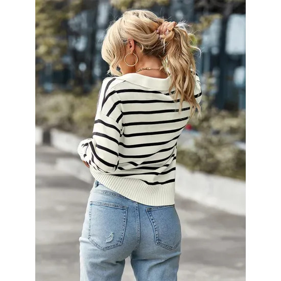 Casual Loose Striped Polo Sweater Top Casual Loose Striped Polo Sweater Top