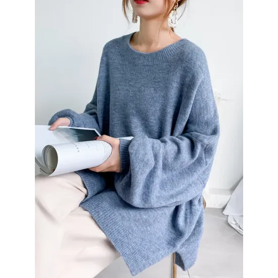 Stretch Mohair-Blend Balloon Sleeves Loose Solid Round-Neck Sweater Tops Stretch Mohair-Blend Balloon Sleeves Loose Solid Round-Neck Sweater Tops