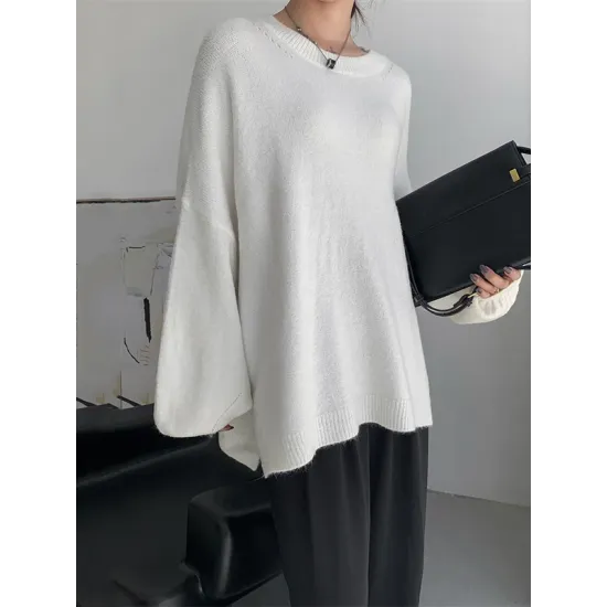 Stretch Mohair-Blend Balloon Sleeves Loose Solid Round-Neck Sweater Tops Stretch Mohair-Blend Balloon Sleeves Loose Solid Round-Neck Sweater Tops