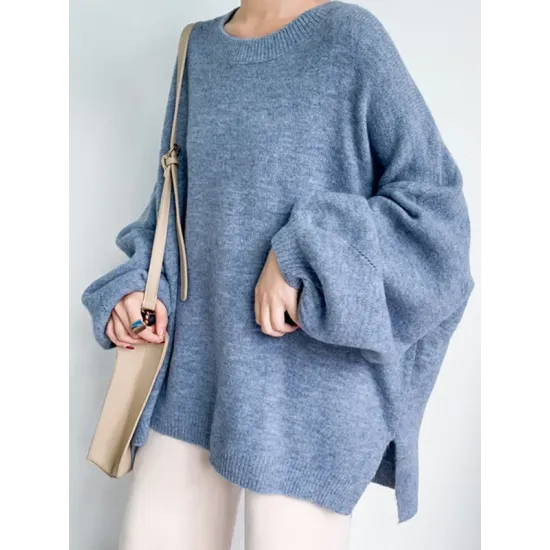 Stretch Mohair-Blend Balloon Sleeves Loose Solid Round-Neck Sweater Tops Stretch Mohair-Blend Balloon Sleeves Loose Solid Round-Neck Sweater Tops