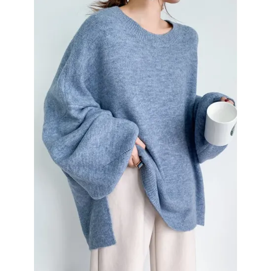 Stretch Mohair-Blend Balloon Sleeves Loose Solid Round-Neck Sweater Tops Stretch Mohair-Blend Balloon Sleeves Loose Solid Round-Neck Sweater Tops