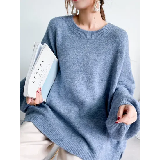 Stretch Mohair-Blend Balloon Sleeves Loose Solid Round-Neck Sweater Tops Stretch Mohair-Blend Balloon Sleeves Loose Solid Round-Neck Sweater Tops