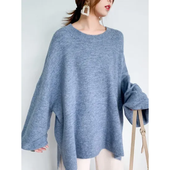 Stretch Mohair-Blend Balloon Sleeves Loose Solid Round-Neck Sweater Tops Stretch Mohair-Blend Balloon Sleeves Loose Solid Round-Neck Sweater Tops