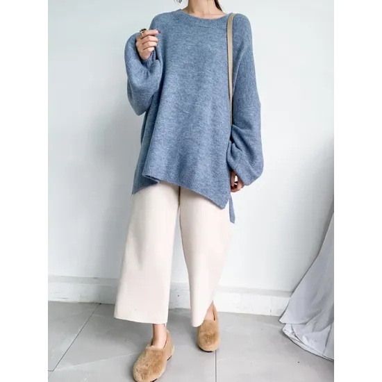 Stretch Mohair-Blend Balloon Sleeves Loose Solid Round-Neck Sweater Tops Stretch Mohair-Blend Balloon Sleeves Loose Solid Round-Neck Sweater Tops