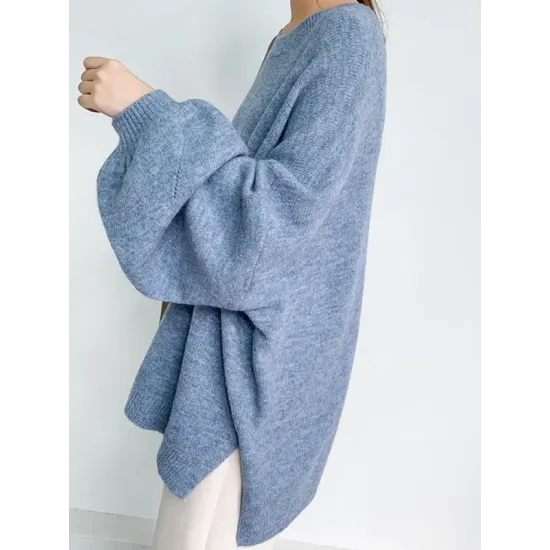 Stretch Mohair-Blend Balloon Sleeves Loose Solid Round-Neck Sweater Tops Stretch Mohair-Blend Balloon Sleeves Loose Solid Round-Neck Sweater Tops