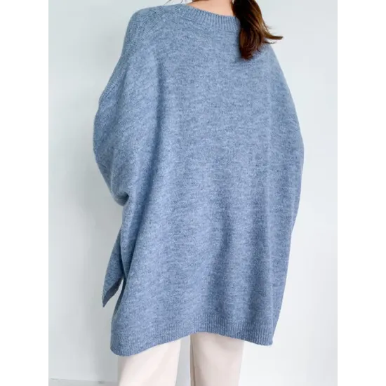 Stretch Mohair-Blend Balloon Sleeves Loose Solid Round-Neck Sweater Tops Stretch Mohair-Blend Balloon Sleeves Loose Solid Round-Neck Sweater Tops