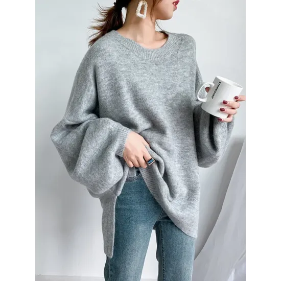 Stretch Mohair-Blend Balloon Sleeves Loose Solid Round-Neck Sweater Tops Stretch Mohair-Blend Balloon Sleeves Loose Solid Round-Neck Sweater Tops