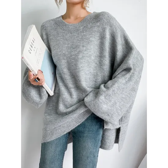 Stretch Mohair-Blend Balloon Sleeves Loose Solid Round-Neck Sweater Tops Stretch Mohair-Blend Balloon Sleeves Loose Solid Round-Neck Sweater Tops