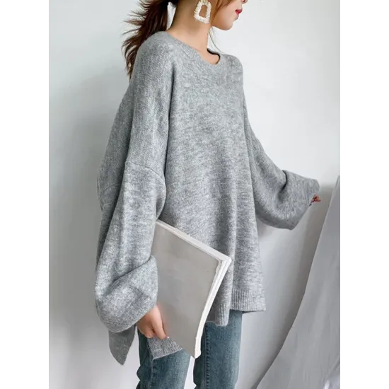 Stretch Mohair-Blend Balloon Sleeves Loose Solid Round-Neck Sweater Tops Stretch Mohair-Blend Balloon Sleeves Loose Solid Round-Neck Sweater Tops