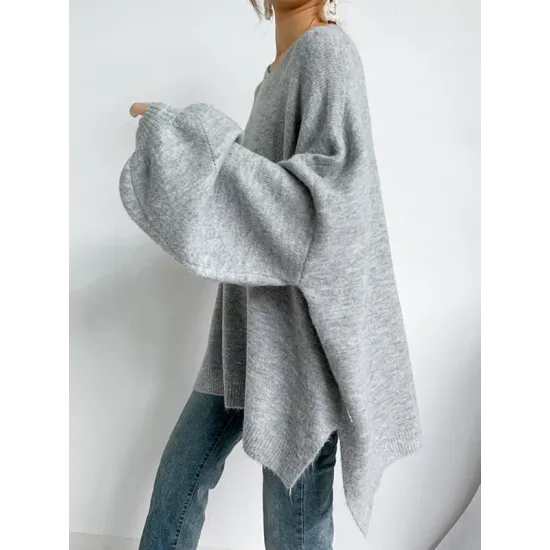 Stretch Mohair-Blend Balloon Sleeves Loose Solid Round-Neck Sweater Tops Stretch Mohair-Blend Balloon Sleeves Loose Solid Round-Neck Sweater Tops