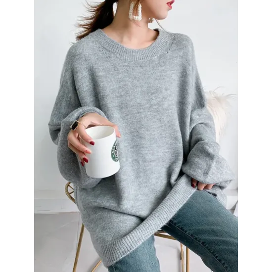 Stretch Mohair-Blend Balloon Sleeves Loose Solid Round-Neck Sweater Tops Stretch Mohair-Blend Balloon Sleeves Loose Solid Round-Neck Sweater Tops