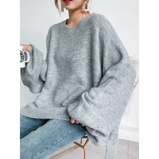 Stretch Mohair-Blend Balloon Sleeves Loose Solid Round-Neck Sweater Tops Stretch Mohair-Blend Balloon Sleeves Loose Solid Round-Neck Sweater Tops