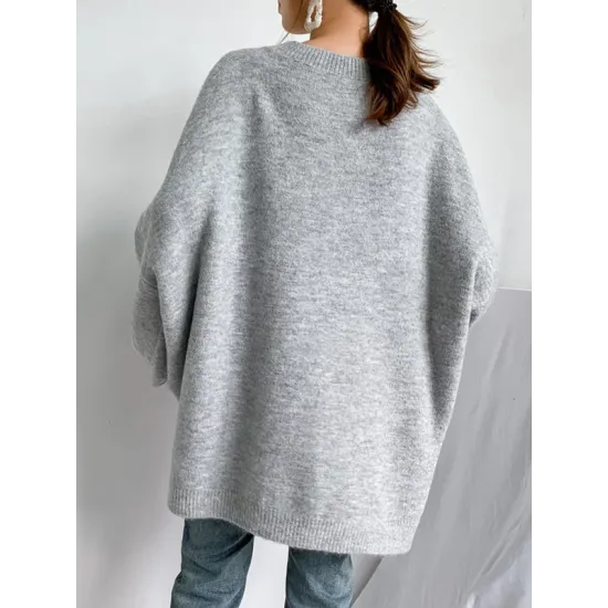 Stretch Mohair-Blend Balloon Sleeves Loose Solid Round-Neck Sweater Tops Stretch Mohair-Blend Balloon Sleeves Loose Solid Round-Neck Sweater Tops