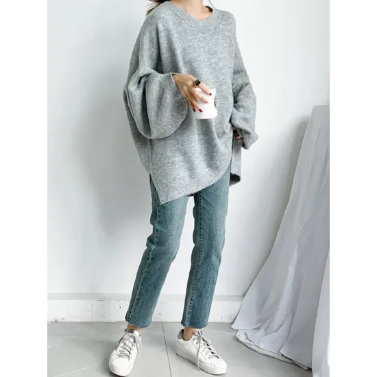 Stretch Mohair-Blend Balloon Sleeves Loose Solid Round-Neck Sweater Tops Stretch Mohair-Blend Balloon Sleeves Loose Solid Round-Neck Sweater Tops