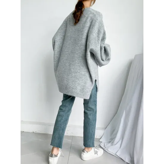 Stretch Mohair-Blend Balloon Sleeves Loose Solid Round-Neck Sweater Tops Stretch Mohair-Blend Balloon Sleeves Loose Solid Round-Neck Sweater Tops