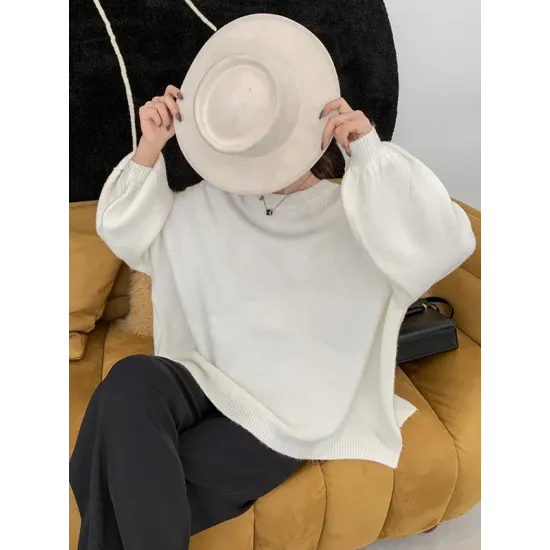 Stretch Mohair-Blend Balloon Sleeves Loose Solid Round-Neck Sweater Tops Stretch Mohair-Blend Balloon Sleeves Loose Solid Round-Neck Sweater Tops
