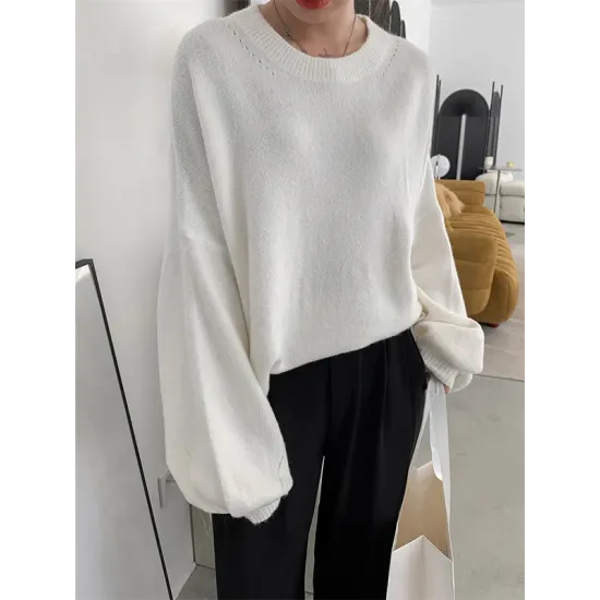 Stretch Mohair-Blend Balloon Sleeves Loose Solid Round-Neck Sweater Tops Stretch Mohair-Blend Balloon Sleeves Loose Solid Round-Neck Sweater Tops