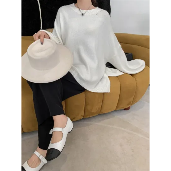 Stretch Mohair-Blend Balloon Sleeves Loose Solid Round-Neck Sweater Tops Stretch Mohair-Blend Balloon Sleeves Loose Solid Round-Neck Sweater Tops