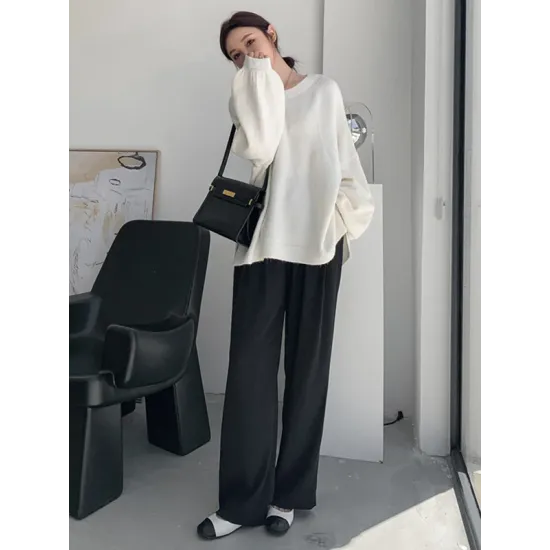 Stretch Mohair-Blend Balloon Sleeves Loose Solid Round-Neck Sweater Tops Stretch Mohair-Blend Balloon Sleeves Loose Solid Round-Neck Sweater Tops